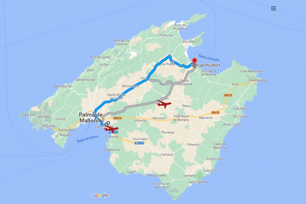Google route to get to Can Picafort from Palma de Mallorca