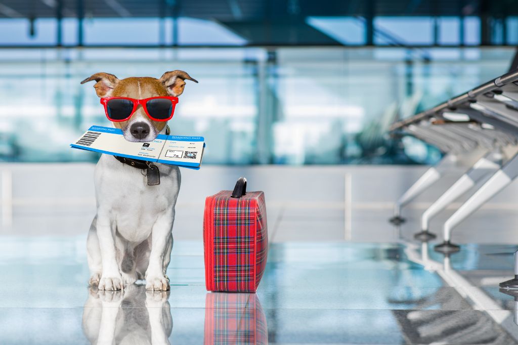 A dog at the airport with a ticket in his mouth sits next to a suitcase