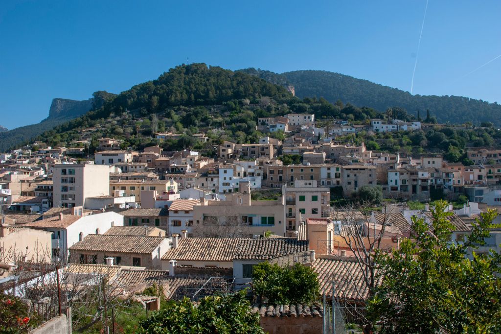 Aerial view over houses of village Bunyola