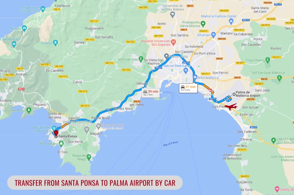 Transfer from Santa Ponsa to Palma airport by car